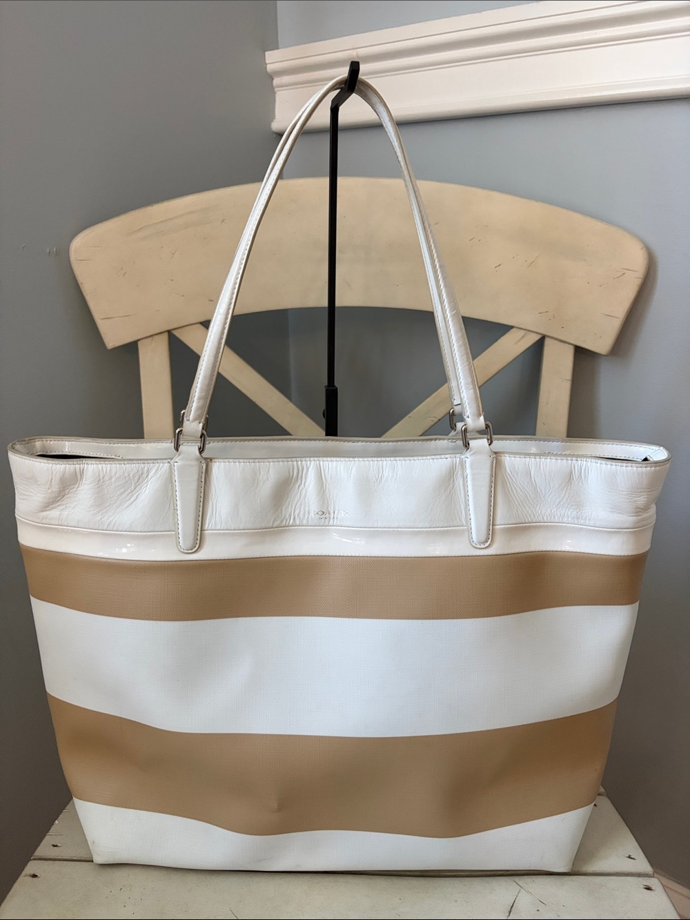 Coach White & Tan Striped Leather Tote Bag